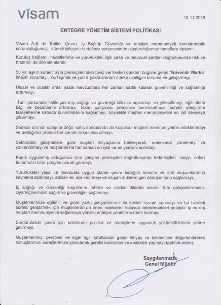 INTEGRATED MANAGEMENT SYSTEM POLICY (TURKISH)